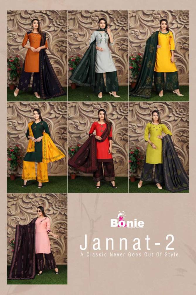 Bonie Jannat 2 Fancy Casual Wear Rayon Designer Kurti With Palazzo With Dupatta Collection
